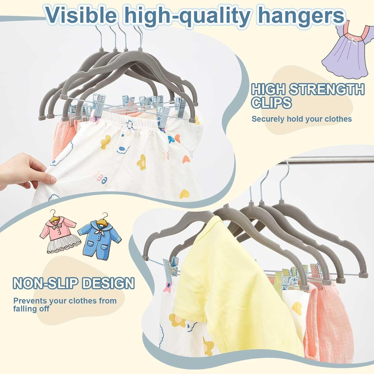 11.8 Baby Velvet Hangers with Movable Clips, Non-Slip Kids Clothes Hangers, Ultra-Thin Space-Saving Childrens Felt H