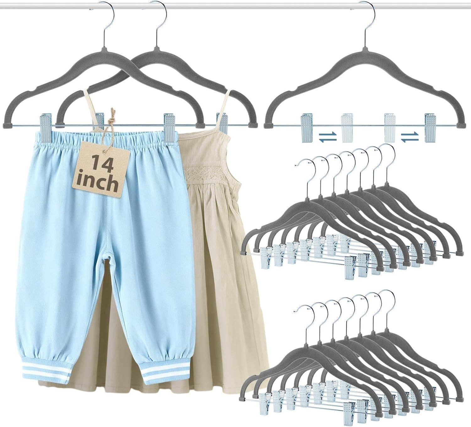 11.8 Baby Velvet Hangers with Movable Clips, Non-Slip Kids Clothes Hangers, Ultra-Thin Space-Saving Childrens Felt H