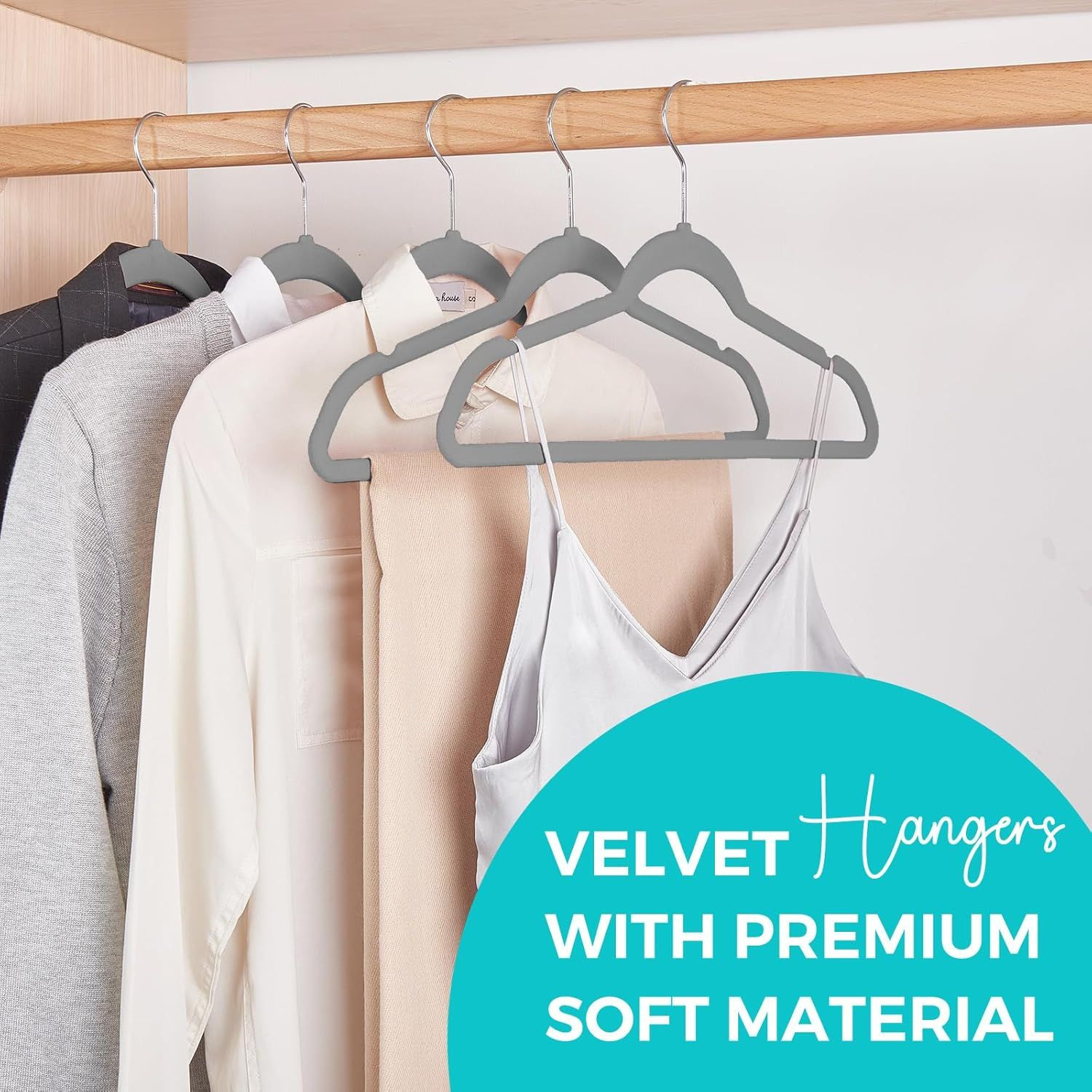 Premium Velvet Hangers 50 Pack Grey, Non-Slip Flocked Felt Hangers, Sturdy Clothes Hanger with 360° Rotatable Hook,
