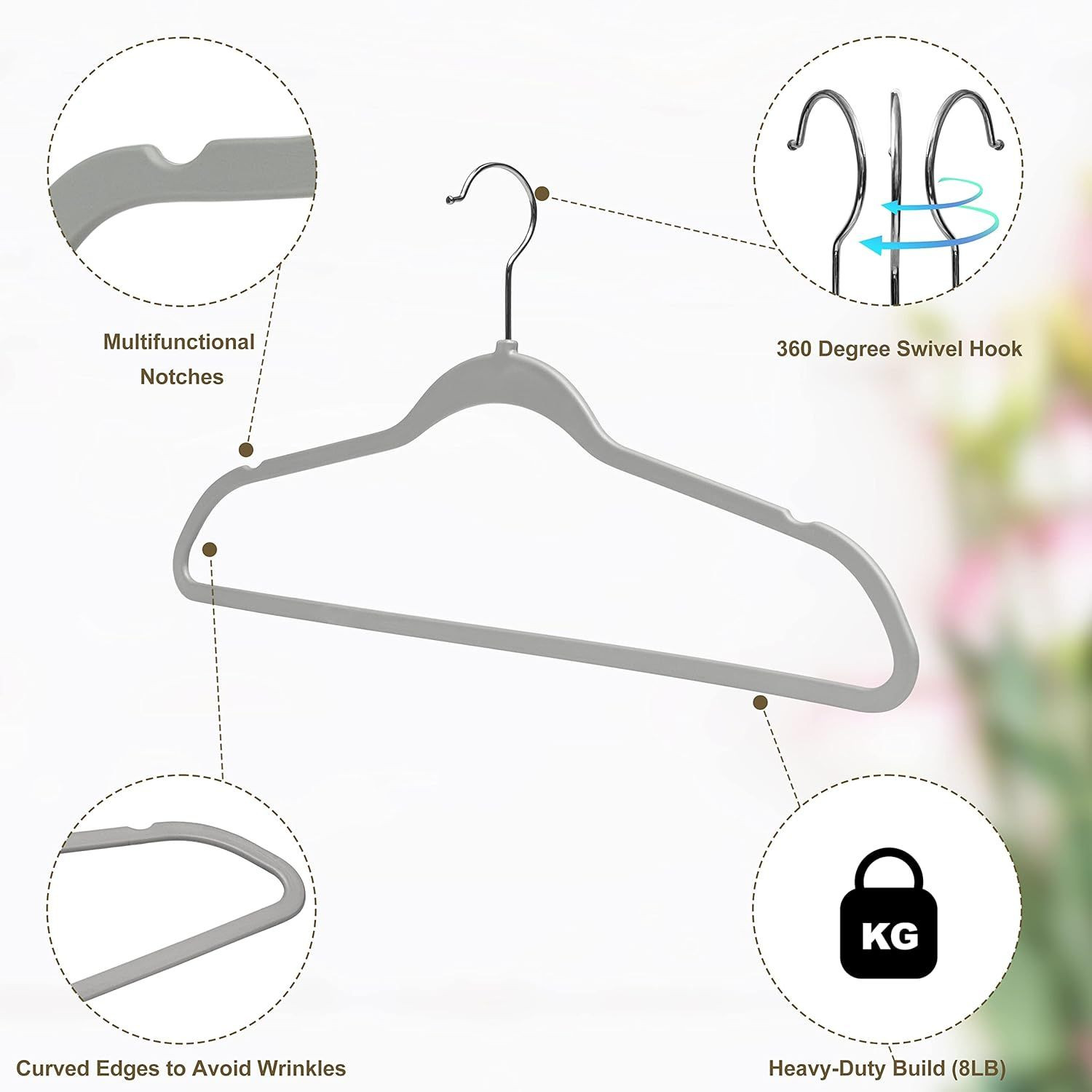 50 Pack Plastic Hangers for Clothes - Slim Non-Velvet Hangers with 360° Swivel Chrome Hook & Non Slip Notches