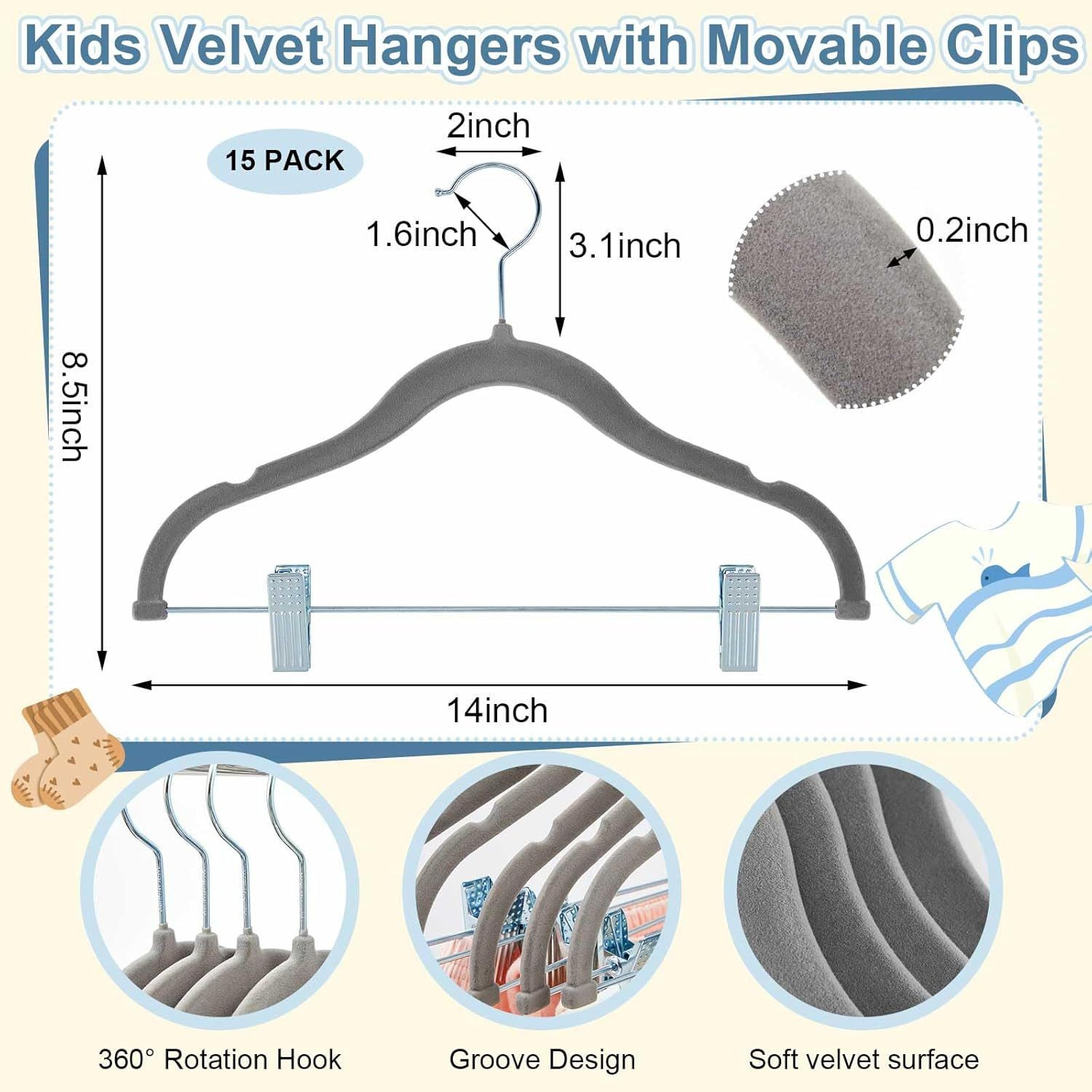 11.8 Baby Velvet Hangers with Movable Clips, Non-Slip Kids Clothes Hangers, Ultra-Thin Space-Saving Childrens Felt H