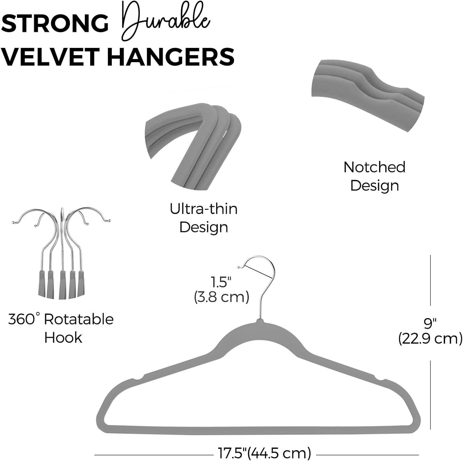Premium Velvet Hangers 50 Pack Grey, Non-Slip Flocked Felt Hangers, Sturdy Clothes Hanger with 360° Rotatable Hook,