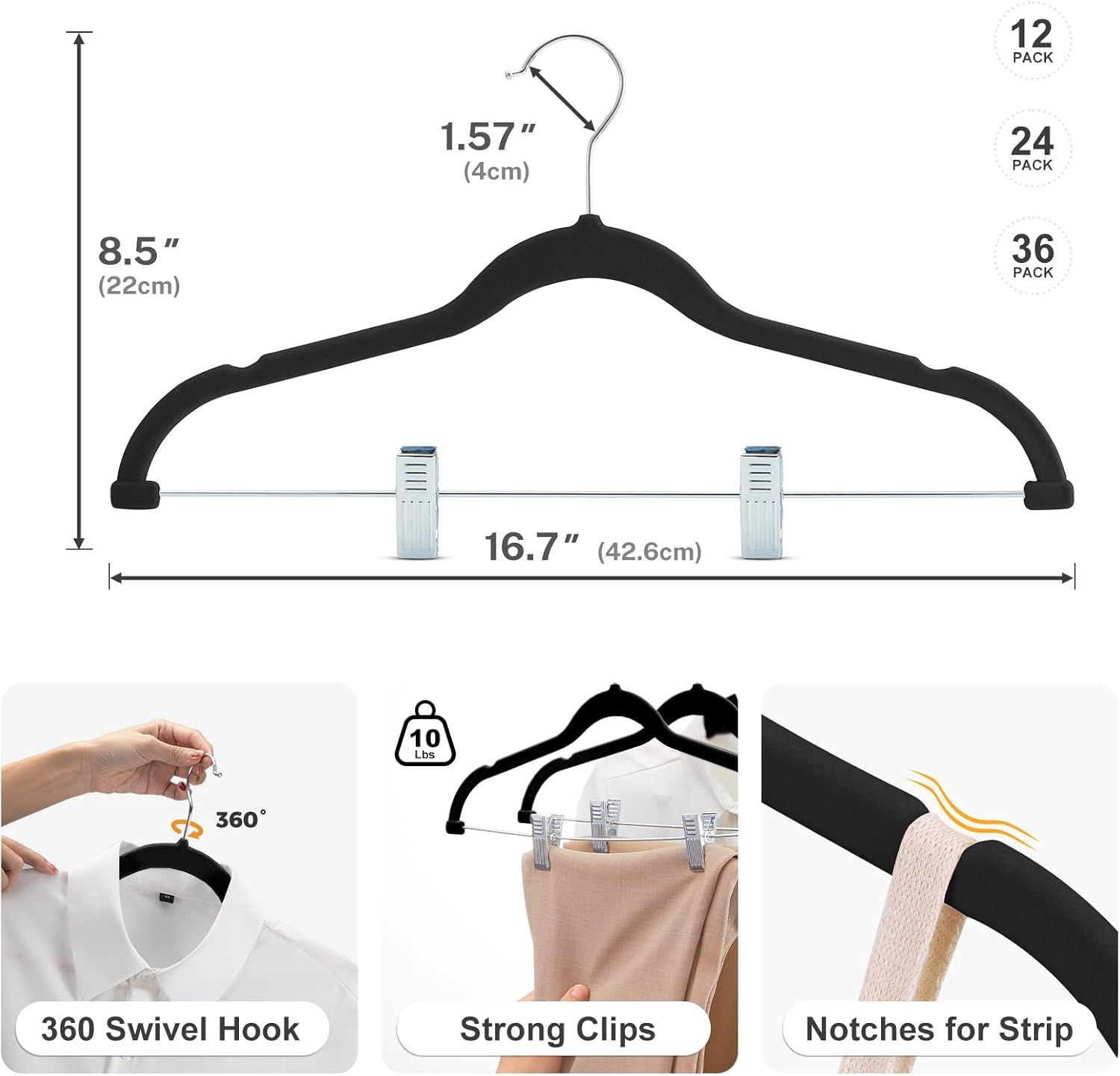 Velvet Skirt Hangers 36 Pack, Black Velvet Pant Hangers with Adjustable Clips, Space Saving Slim Shorts Hanger,